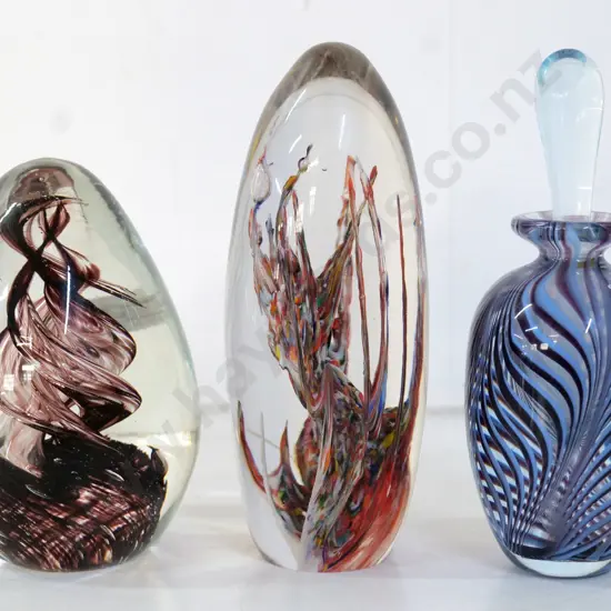 art glass items - Schroders NZ bottle (stopper stuck in place) and 2 paperweights, no maker's marks, taller is H150