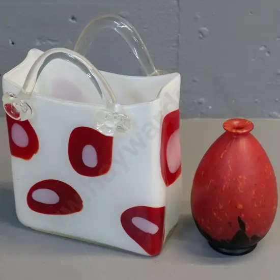 2 glass vases - red and white handbag H250 W180 D80 and a matte-finish black and red narrow mouth