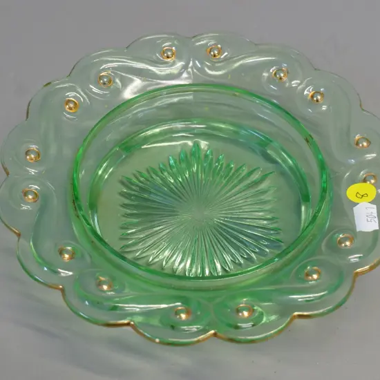 green uranium glass sweet dish - rubbing and wear to gilt trim - diameter 200