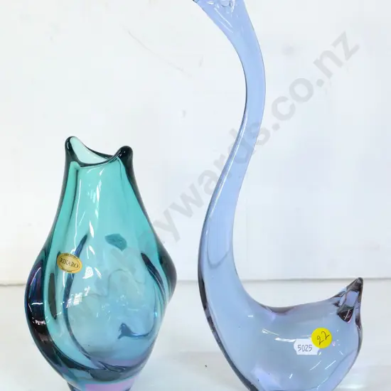 tall blue glass swan no maker's mark, H300 and Rikaro Czech flame shape blue vase
