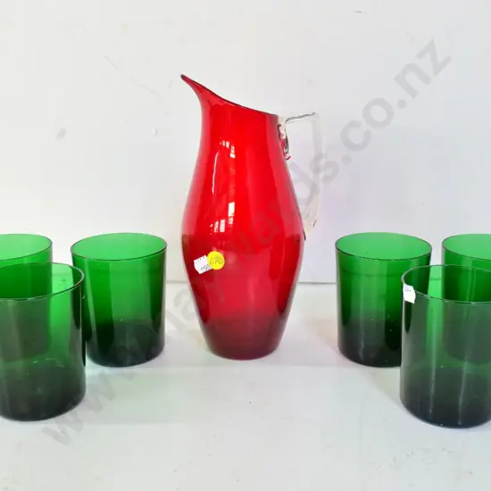 red glass jug H-220 and 6 green tumblers
