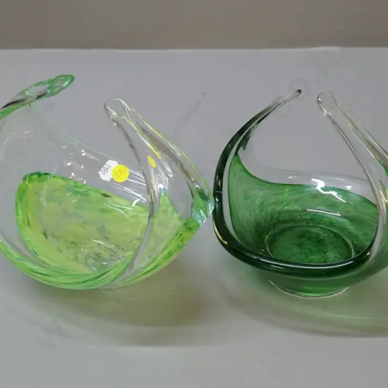 2 green & clear art glass baskets - slightly larger is H-170 L-180