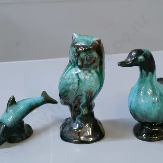 3 small Blue Mountain Pottery figures - owl H130, goose and very small dolphin