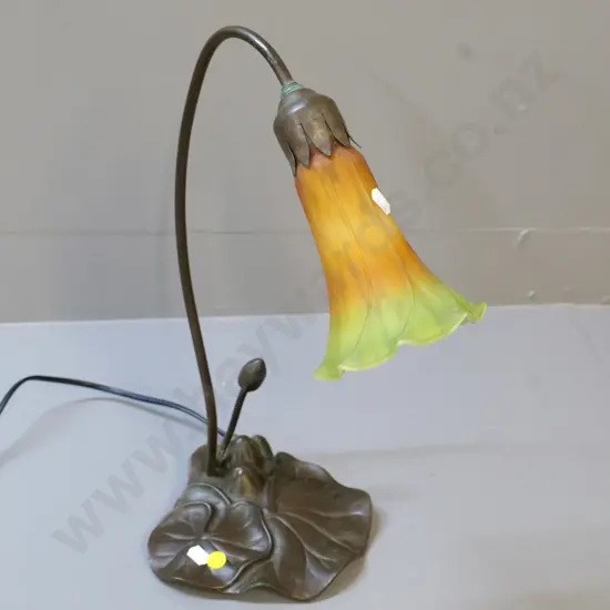 reproduction deco style lily lamp on metal base, w/frosted orange and green shade H-410