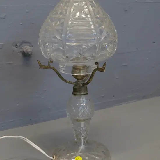 cut crystal table lamp with cast metal shade supports - shade likely not original to lamp H360 D-150