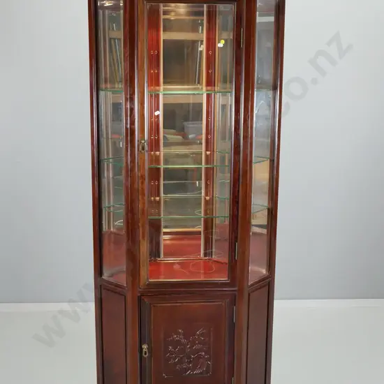 dark stained illuminated corner display cabinet. 3 glass shelves, mirror back, door is jammed H1830 W720 D400
