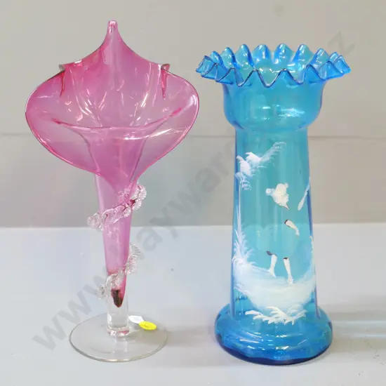 turquoise Mary Gregory vase - some gilt decoration rubbed off - and cranberry glass jack in the pulpit vase H250