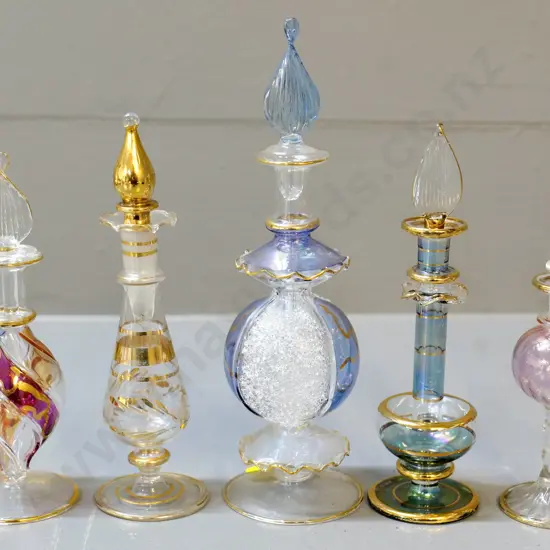 5 fine hand-blown glass stoppered ornamental bottles - tallest is H-180