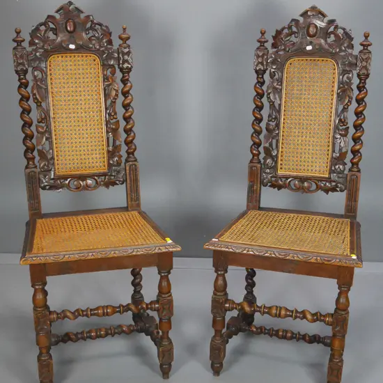 pair of tudor style high-back heavily carved barley twist & bergere cane dining chairs - some movement H1160 W470 D410