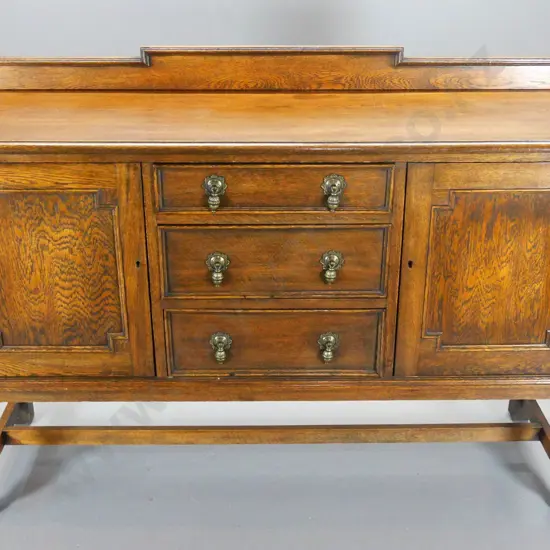 deco oak sideboard w/brass drop handles, 2 doors, 3 drawers, 1 has cutlery dividers, escutcheons & keys H1020 W1450 D470