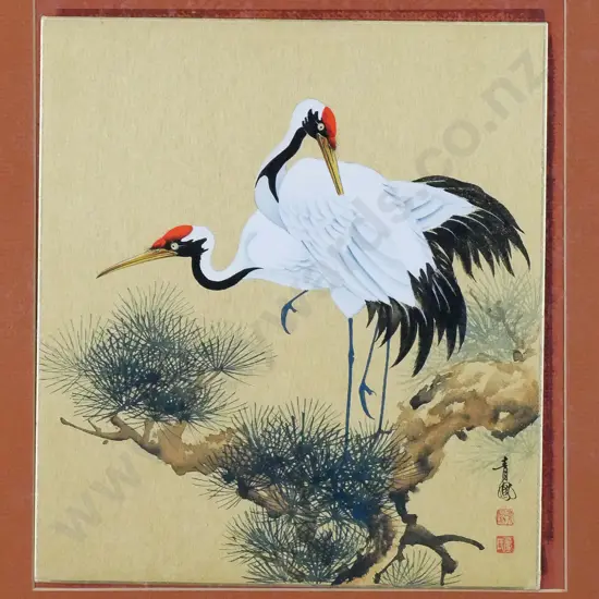 framed Japanese watercolour - herons H-250 W-240 (framing needs attention)