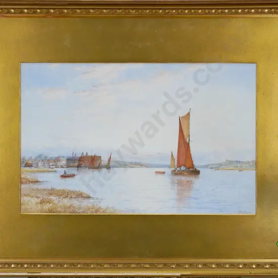 GS Walters - framed watercolour - boats on river (underside of glass needs cleaning, framed needs attention) H-320 W-500