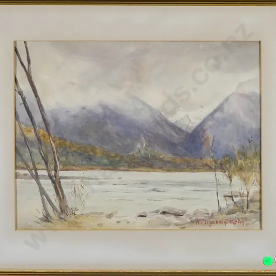 A Elizabeth Kelly - framed watercolour - river and mountain scene H-280 W-360