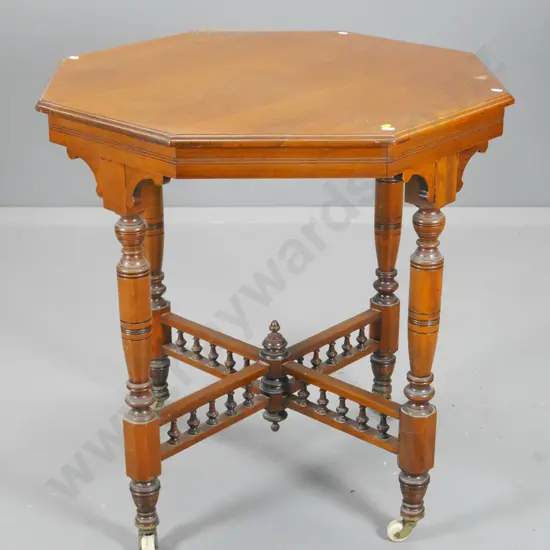 vintage kauri octagonal occasional table w/spindle cross base, on original porcelain casters H760 720 x720