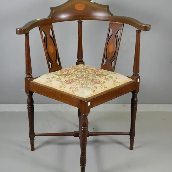 vintage mahogany splat back corner chair w/marquetry decoration, floral tapestry seat - loose back rail H790 W640 D590