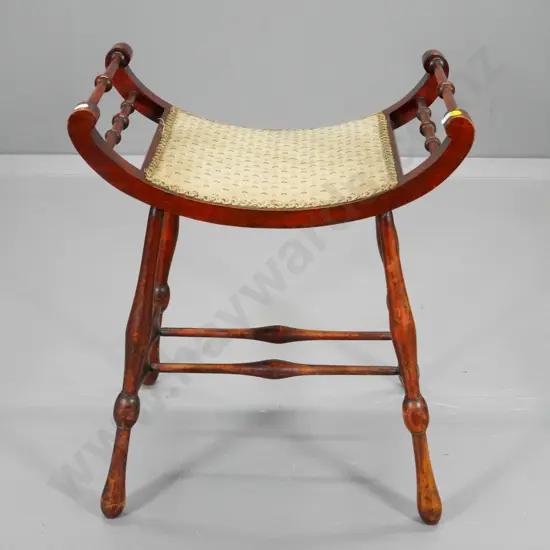 vintage mahogany stool with turned spindles, stretcher base, some wear to damask upholstered seat H580 W490 D310