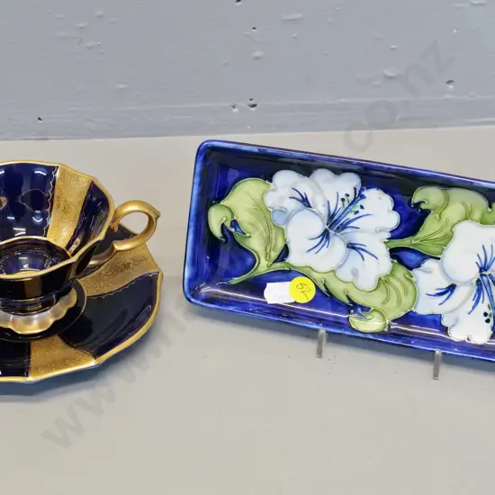 Moorcroft rectangular biscuit plate L-210 W-90 and a Lindner Bavarian cobalt and gold cup & saucer