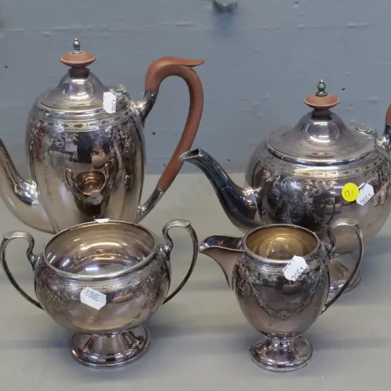 Walker & Hall silver plated teapot, coffee pot H220, creamer jug and sugar - etched pattern, bakelite handles