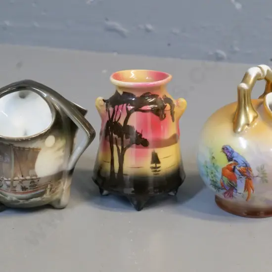 3 pieces of Royal Bayreuth china - sunset scene, macaws, fishing boats - tallest is H-90