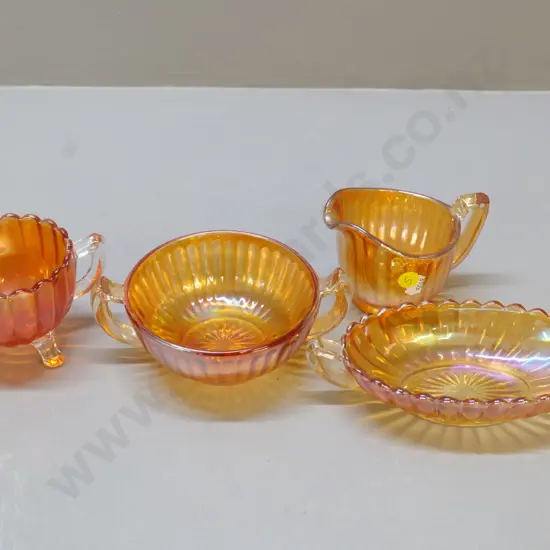 4 pieces ribbed marigold carnival glass - cream & sugar and 2 handled bowls