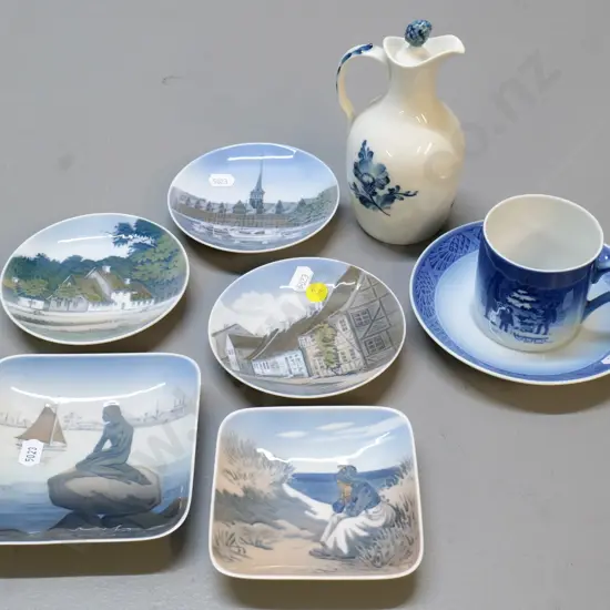 Royal Copenhagen items - 5 small dishes, sauce bottle and a Christmas coffee cup & saucer