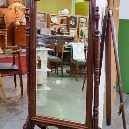 Victorian mahogany large floor-standing cheval mirror with ornate carved frame and base, bevelled mirror H1900 W800 D580