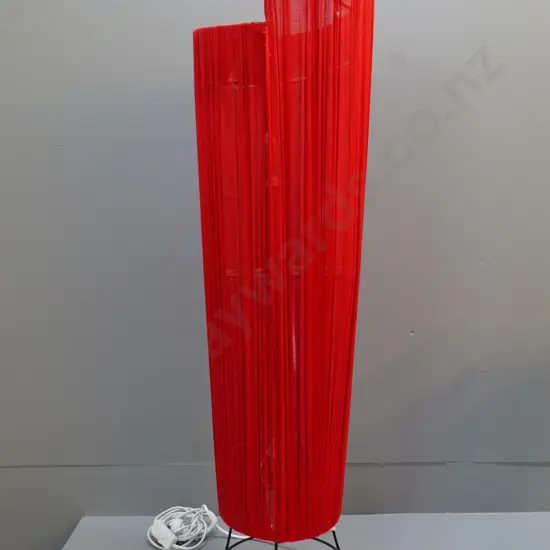 retro floor or table lamp with red fabric over metal-frame w/3 ball feet - H1000. Wear to fabric, minor paint chips