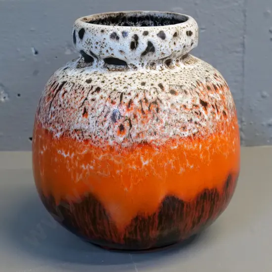 German pottery vase - orange brown and white speckle & drip glaze, stamped 852. H-190 D-170