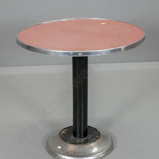 retro round pedestal occasional table w/ formica top, timber column, chrome base - some dents / chips H560 D545