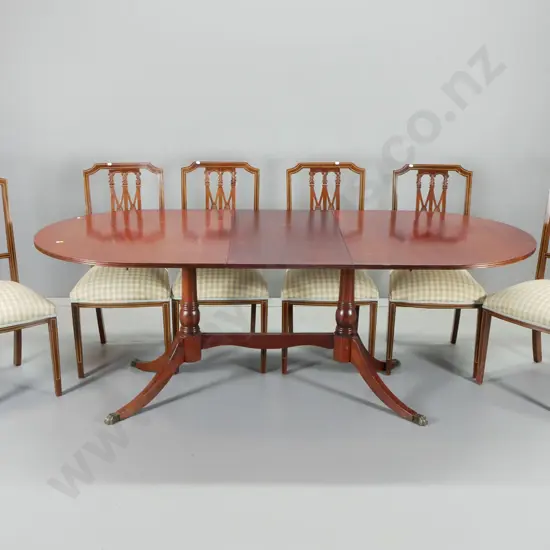 mahogany extending dining table, metal claw feet, 6 fretted back dining chair H710 W900 L1580 closed