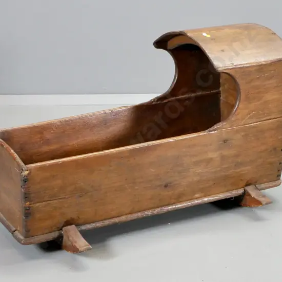 antique hooded rocking cradle - splits and wear, rocking action uneven, rockers replaced? H550 L670 W520