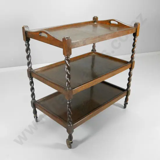 deco oak tea trolley with barley twist legs, 3 shelves, on original casters - some bowing of trays H810 W730 D470