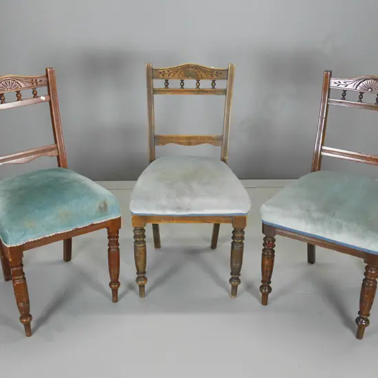 3 Edwardian dining chairs w/spindle carved backs, blue velvet seats w/some marks, movement in joints H870 W460 D430