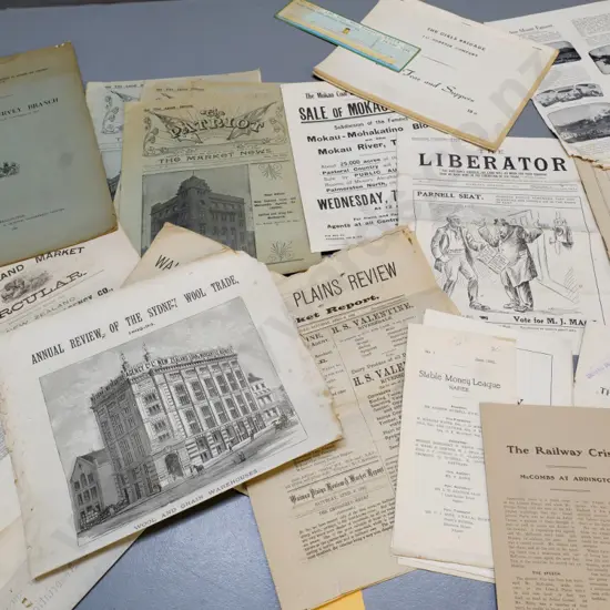 assorted NZ ephemera - geological survey with fold out maps, estate sale documents, Southland market circular, etc.