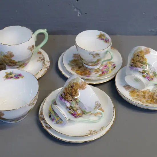 part Shelley "Heather" pattern tea set - 3 trios, milk jug & sugar, spare plate and saucer