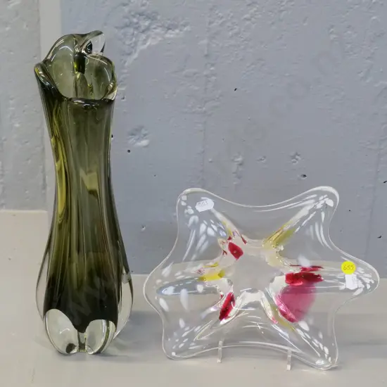 art glass bowl - clear with pink white and yellow design W-230 and heavy green clear base vase H-320