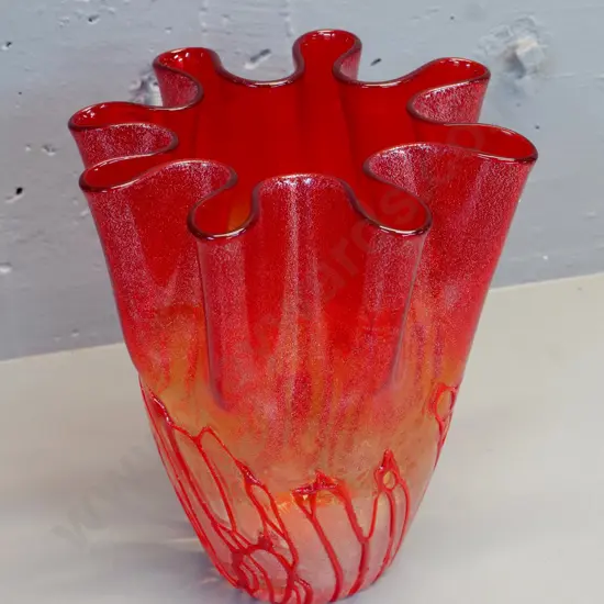 large art glass waved edge vase - red to orange fade H-280 D-230