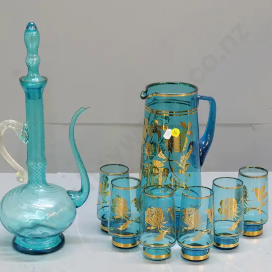 teal & gilt Bohemia glass 7-piece water set and a hand-blown stoppered decanter H-380