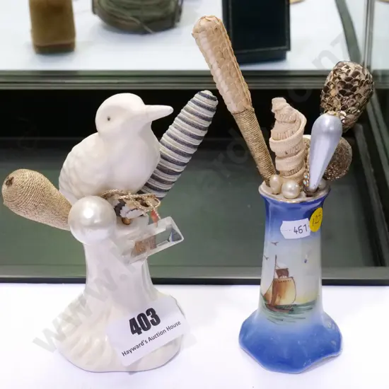two hat-pin holders with 10 assorted vintage hat pins - white bird figure has mend to beak H-170