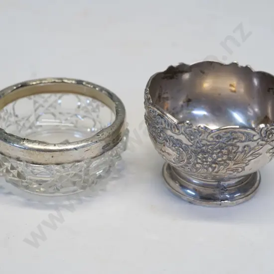 small silver dish stamped sil & small crystal dish with silver rim stamped HP & S ? lion ?