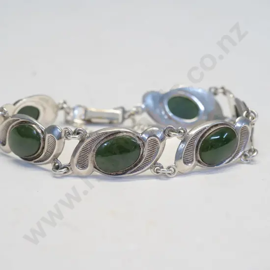 silver & green stone bracelet with safety chain no mark