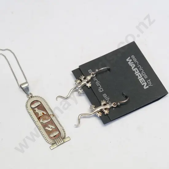 silver necklace & silver lizard earrings both stamped 925