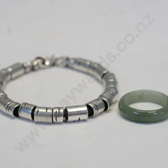 silver bangle stamped 925 & light greenstone ring