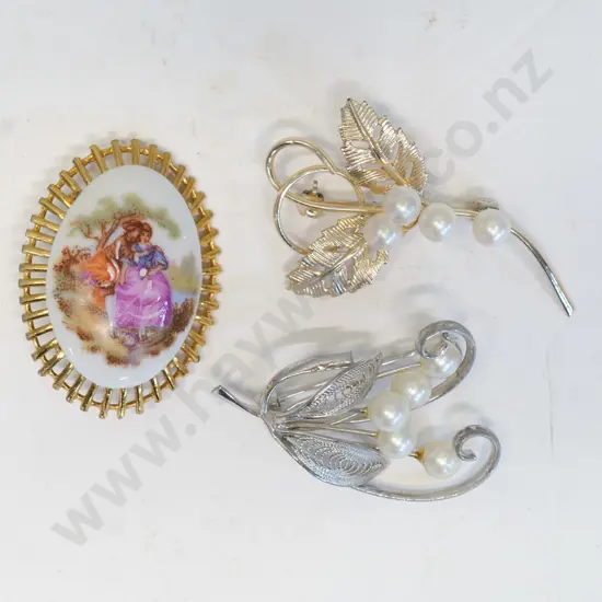Limoges brooch & 2 costume brooches