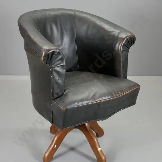 vintage timber swivel leather upholstered tub office chair H930 W700 D750