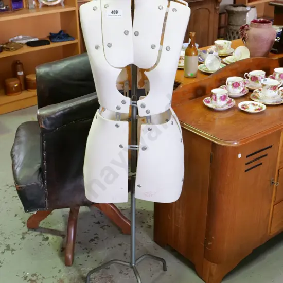 adjustable dress form on metal tripod base - a little discolouration & fraying H1340