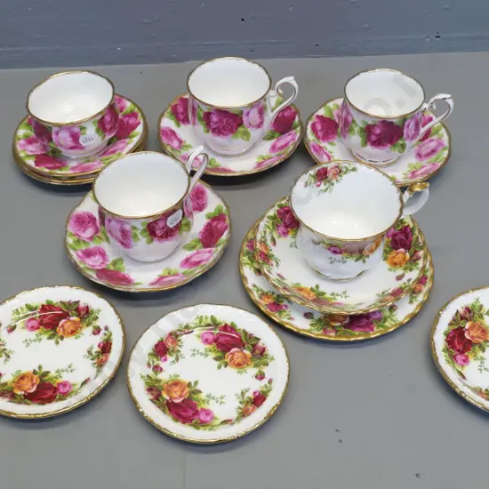 Royal Albert china - 3 Old English Rose cups & saucers, sugar bowl, extra saucers, Old Country Roses trio & 3 pin dishes
