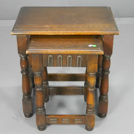 2 oak Tudor style nesting tables - polish needs some work. Larger is H-460 W-440 D-320