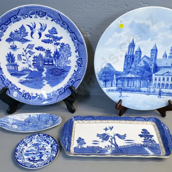 large Delft wall charger D335, English willow pattern charger, Booths Real Old Willow sandwich tray, 2 English dished