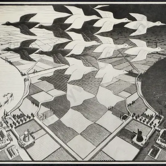 MC Escher print on board "Day and Night" H-480 W-730